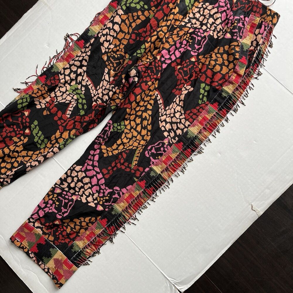 FARM Rio Mixed Multicolor Leopard Printed Pants Embroidered Beaded Fringe Size L - Picture 9 of 16